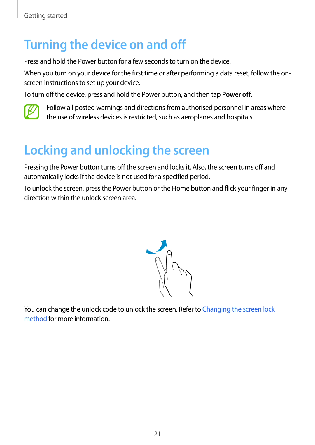 Samsung SM-A500FZDAPCL, SM-A500FZBDXSG, SM-A500FZIDXSG manual Turning the device on and off, Locking and unlocking the screen 