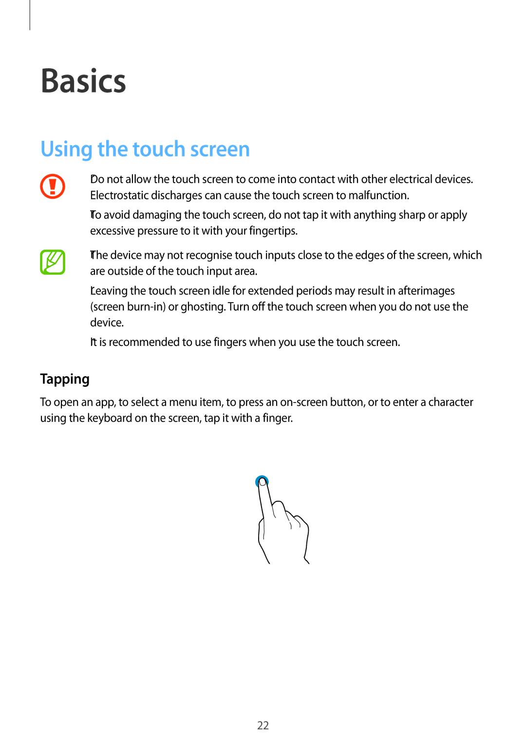 Samsung SM-A500FZDAPTR, SM-A500FZBDXSG, SM-A500FZIDXSG, SM-A500FZWDAFG manual Basics, Using the touch screen, Tapping 