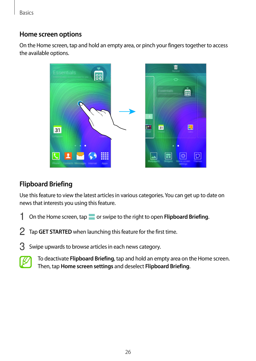 Samsung SM-A500FZSAPCL, SM-A500FZBDXSG, SM-A500FZIDXSG, SM-A500FZWDAFG manual Home screen options, Flipboard Briefing 