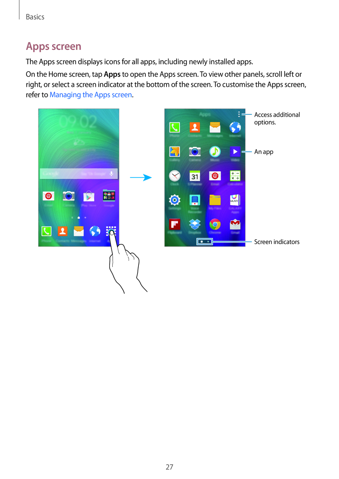 Samsung SM-A500FZWAILO, SM-A500FZBDXSG, SM-A500FZIDXSG, SM-A500FZWDAFG, SM-A500FZWDKSA, SM-A500FZWDXSG manual Apps screen 