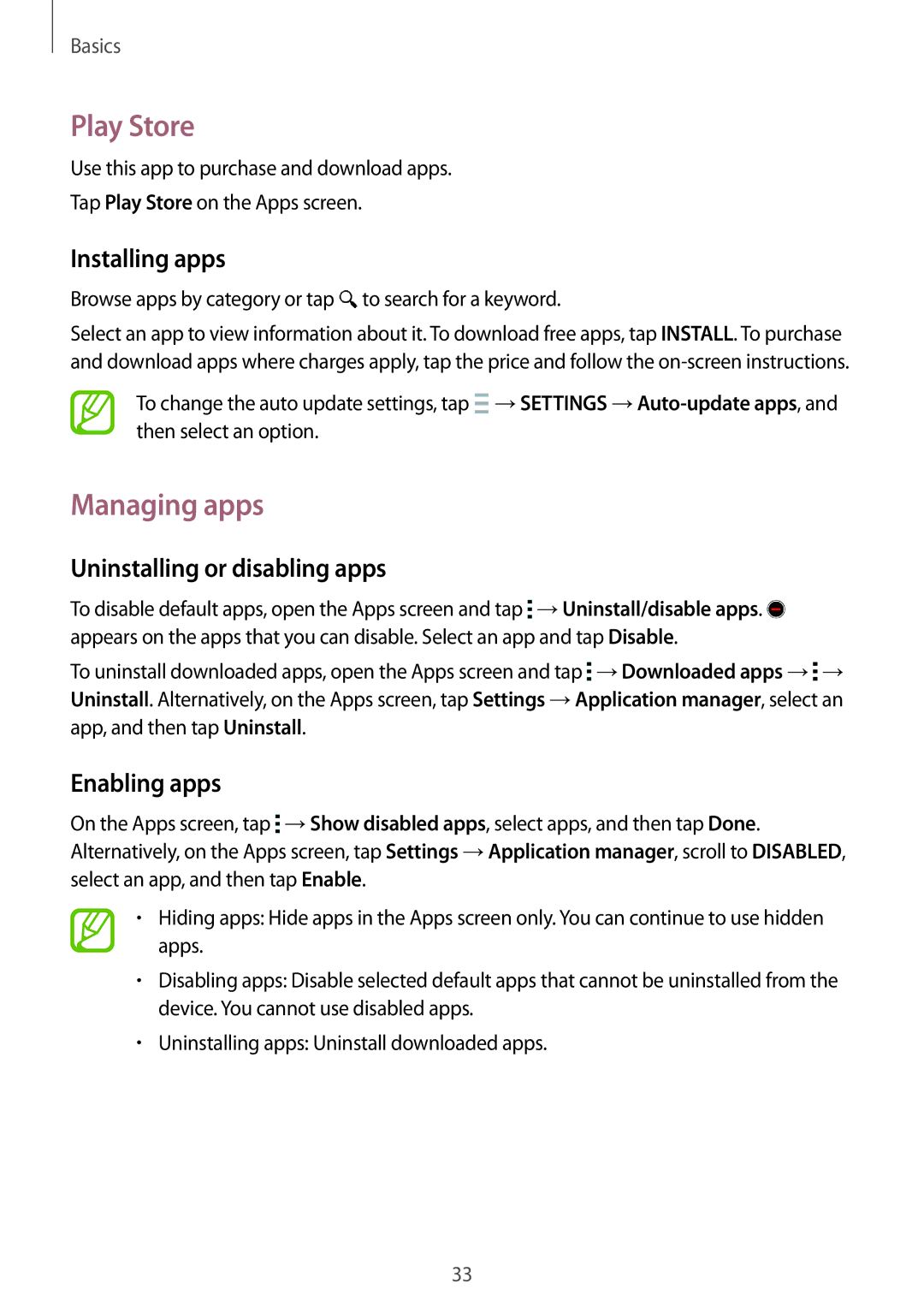 Samsung SM-A500FZWDAFG, SM-A500FZBDXSG manual Play Store, Managing apps, Uninstalling or disabling apps, Enabling apps 