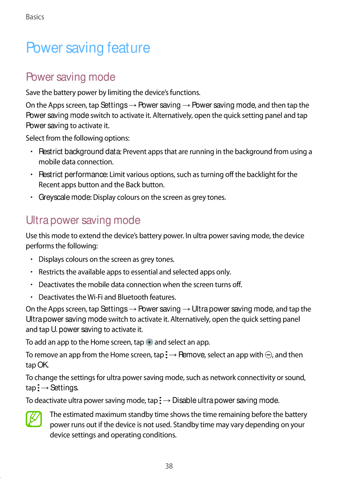 Samsung SM-A500FZSDXSG, SM-A500FZBDXSG, SM-A500FZIDXSG Power saving feature, Power saving mode, Ultra power saving mode 