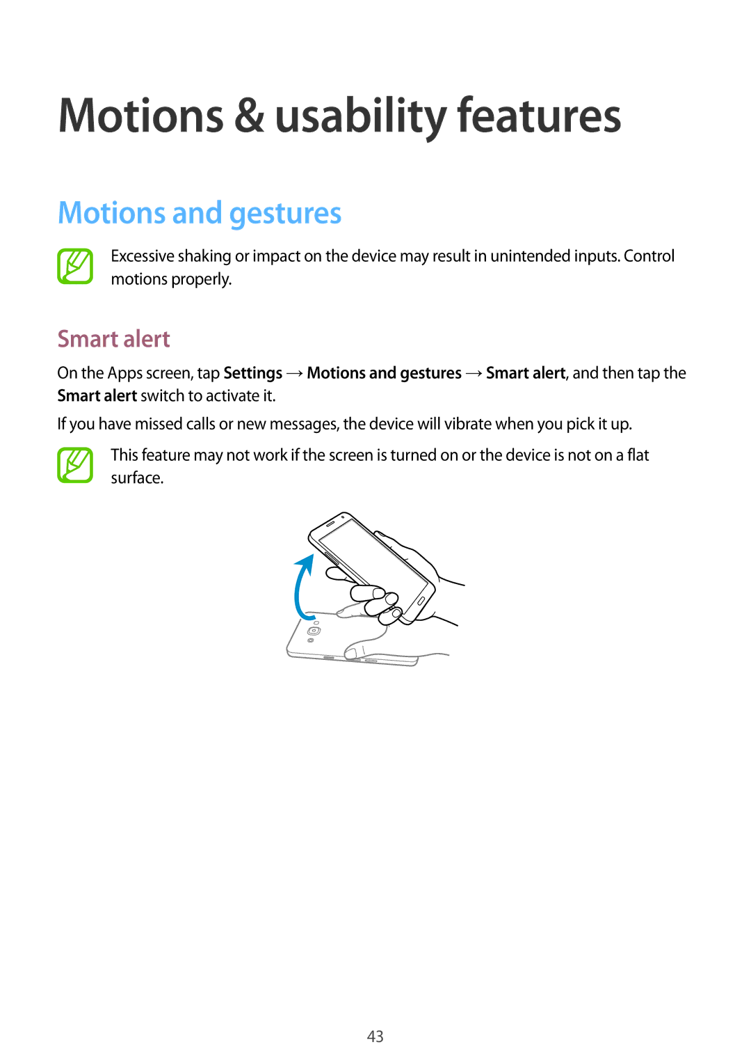 Samsung SM-A500FZBDPAK, SM-A500FZBDXSG, SM-A500FZIDXSG manual Motions & usability features, Motions and gestures, Smart alert 