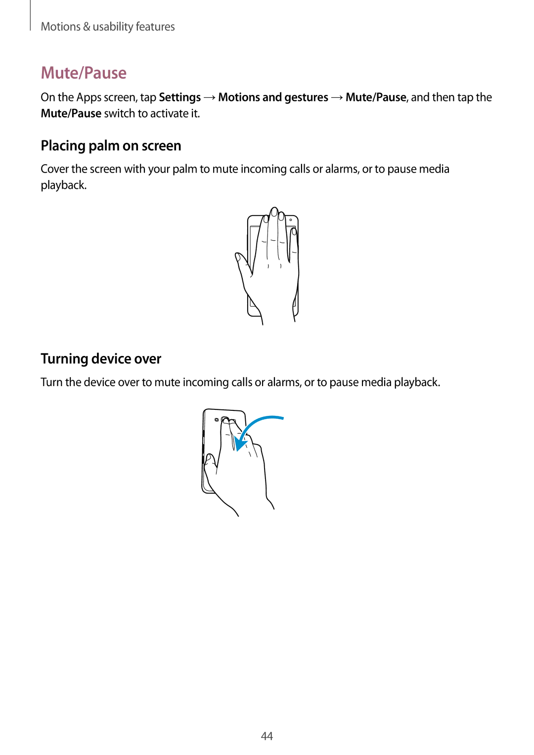 Samsung SM-A500FZSDKSA, SM-A500FZBDXSG, SM-A500FZIDXSG manual Mute/Pause, Placing palm on screen, Turning device over 