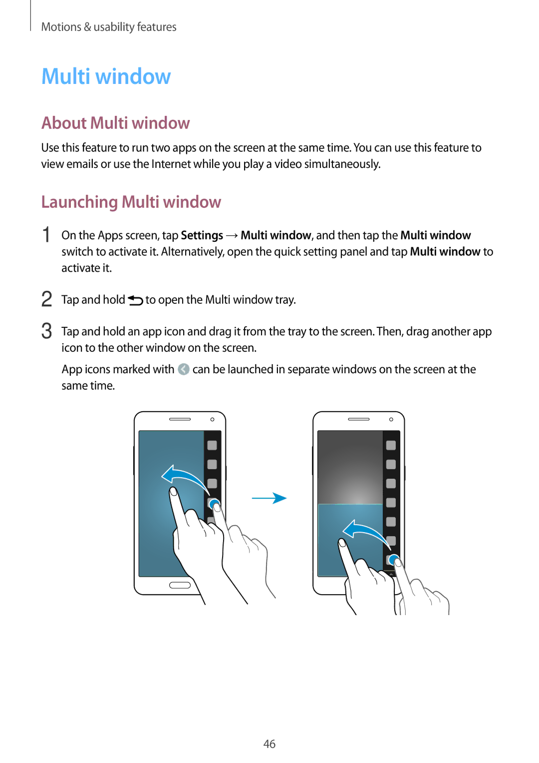 Samsung SM-A500FZWAPCL, SM-A500FZBDXSG, SM-A500FZIDXSG, SM-A500FZWDAFG manual About Multi window, Launching Multi window 