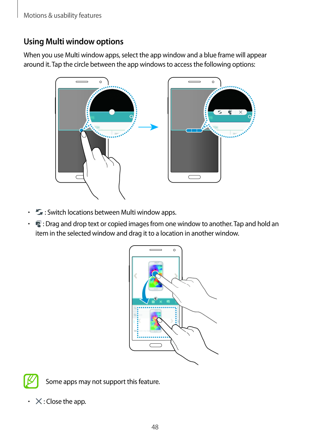 Samsung SM-A500FZKACEL, SM-A500FZBDXSG manual Using Multi window options, Switch locations between Multi window apps 