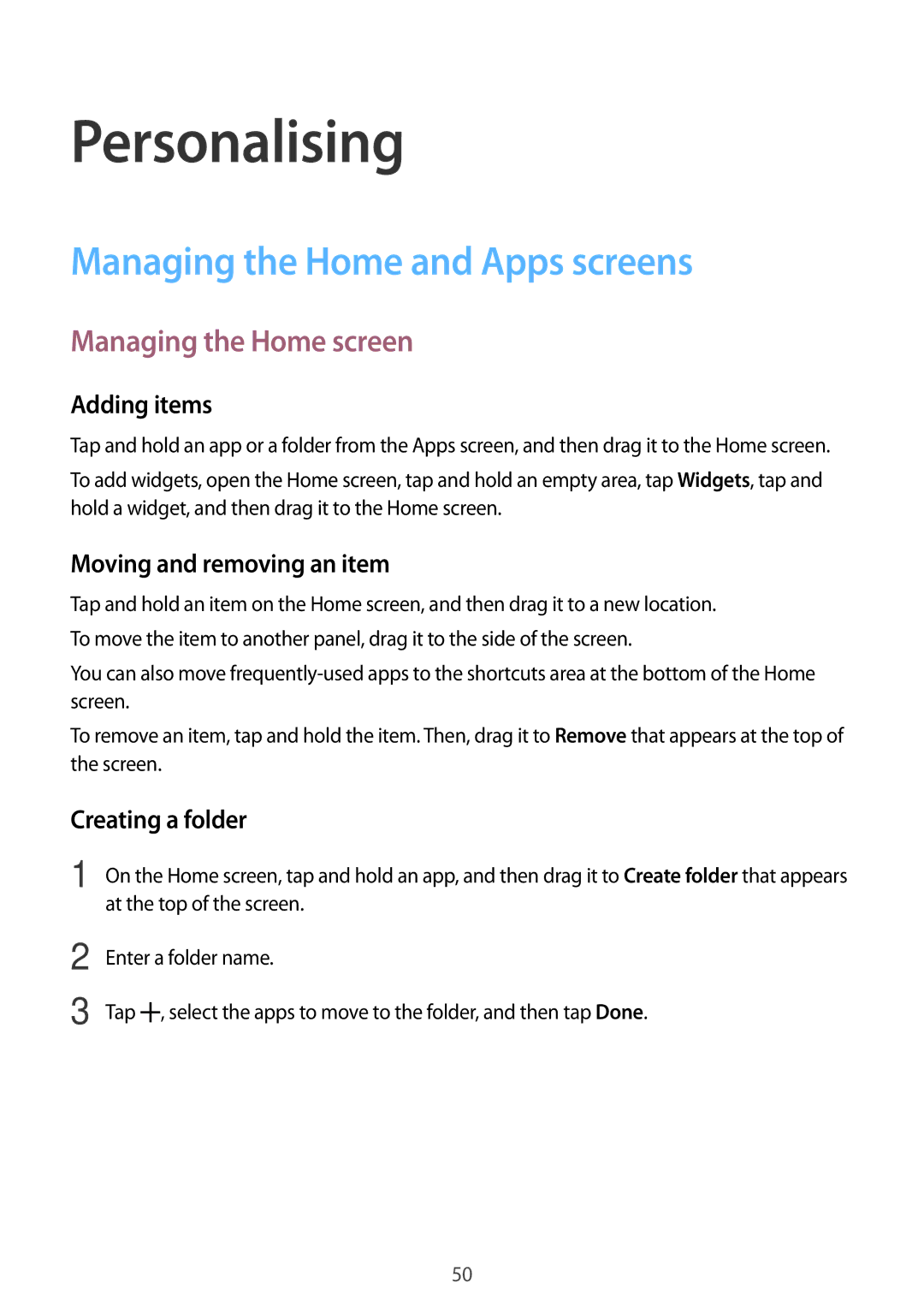 Samsung SM-A500FZKDILO, SM-A500FZBDXSG manual Personalising, Managing the Home and Apps screens, Managing the Home screen 