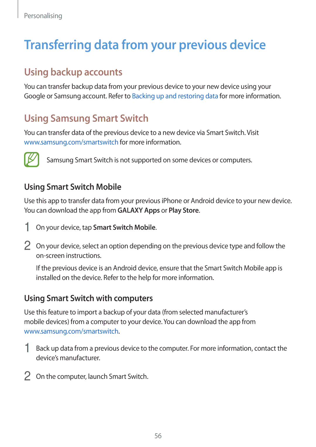 Samsung SM-A500FZKAPTR Transferring data from your previous device, Using backup accounts, Using Samsung Smart Switch 