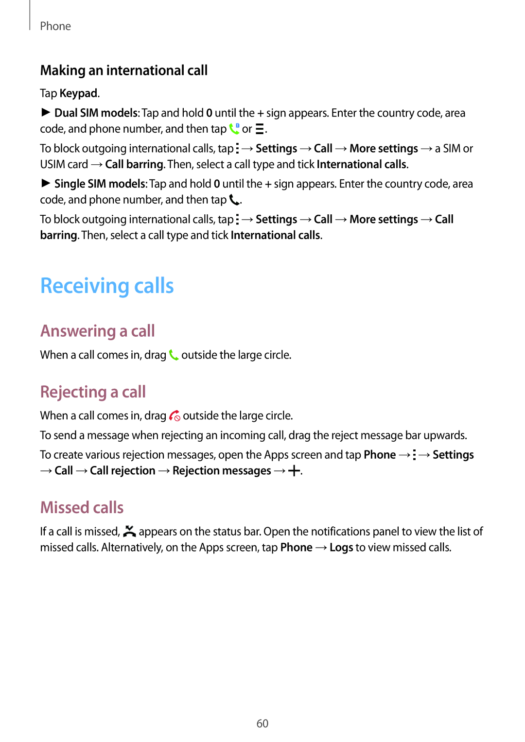 Samsung SM-A500FZKDSER Receiving calls, Answering a call, Rejecting a call, Missed calls, Making an international call 