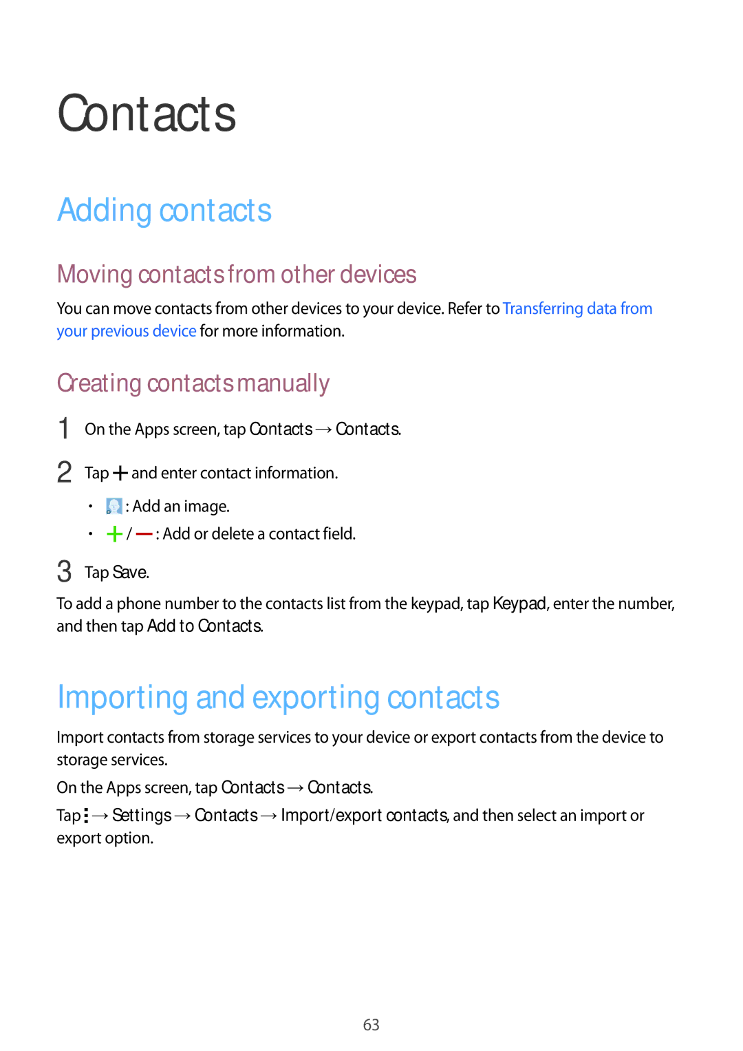 Samsung SM-A500FZIDXSG Contacts, Adding contacts, Importing and exporting contacts, Moving contacts from other devices 