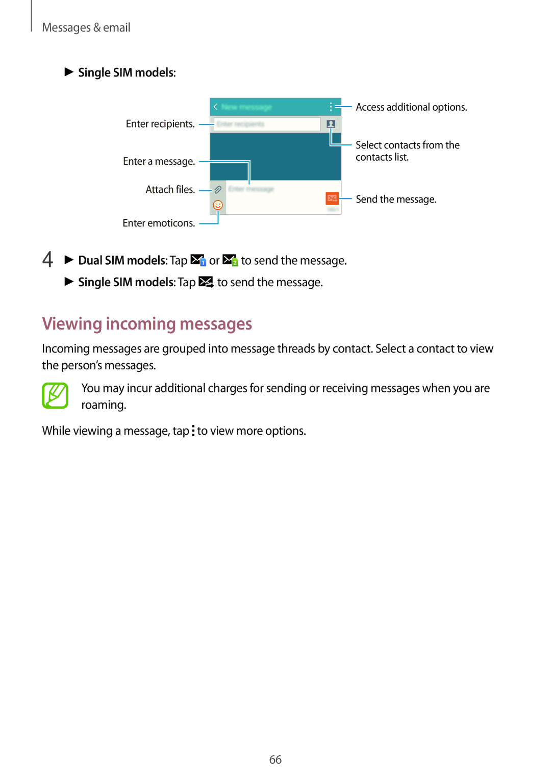 Samsung SM-A500FZWDXSG, SM-A500FZBDXSG, SM-A500FZIDXSG, SM-A500FZWDAFG manual Viewing incoming messages, Single SIM models 