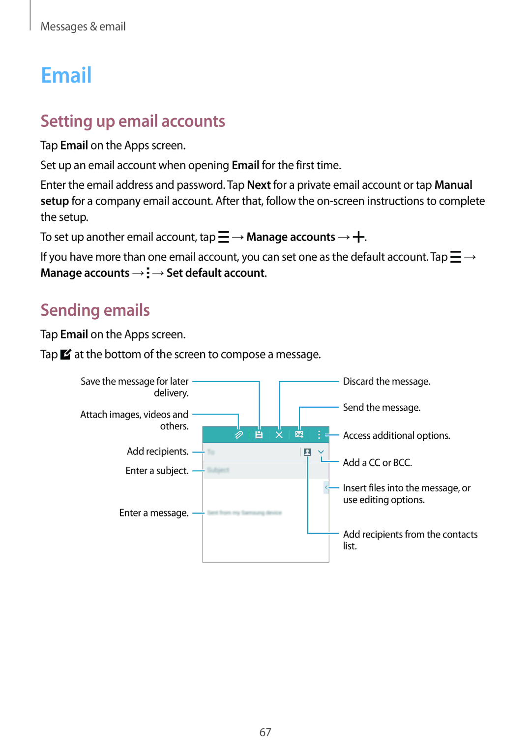 Samsung SM-A500FZDDKSA, SM-A500FZBDXSG, SM-A500FZIDXSG, SM-A500FZWDAFG manual Setting up email accounts, Sending emails 