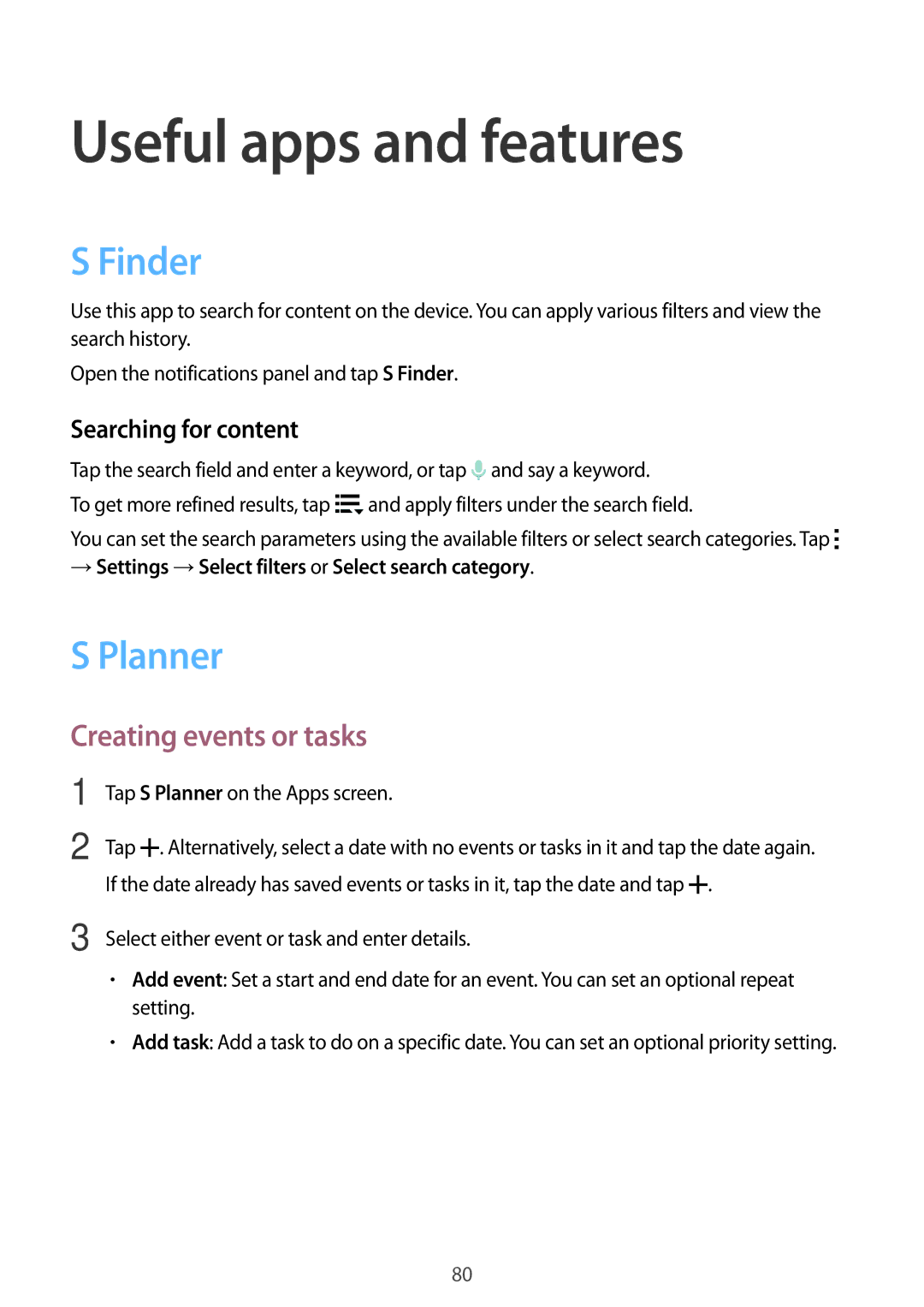 Samsung SM-A500FZWAPTR manual Useful apps and features, Finder, Planner, Creating events or tasks, Searching for content 
