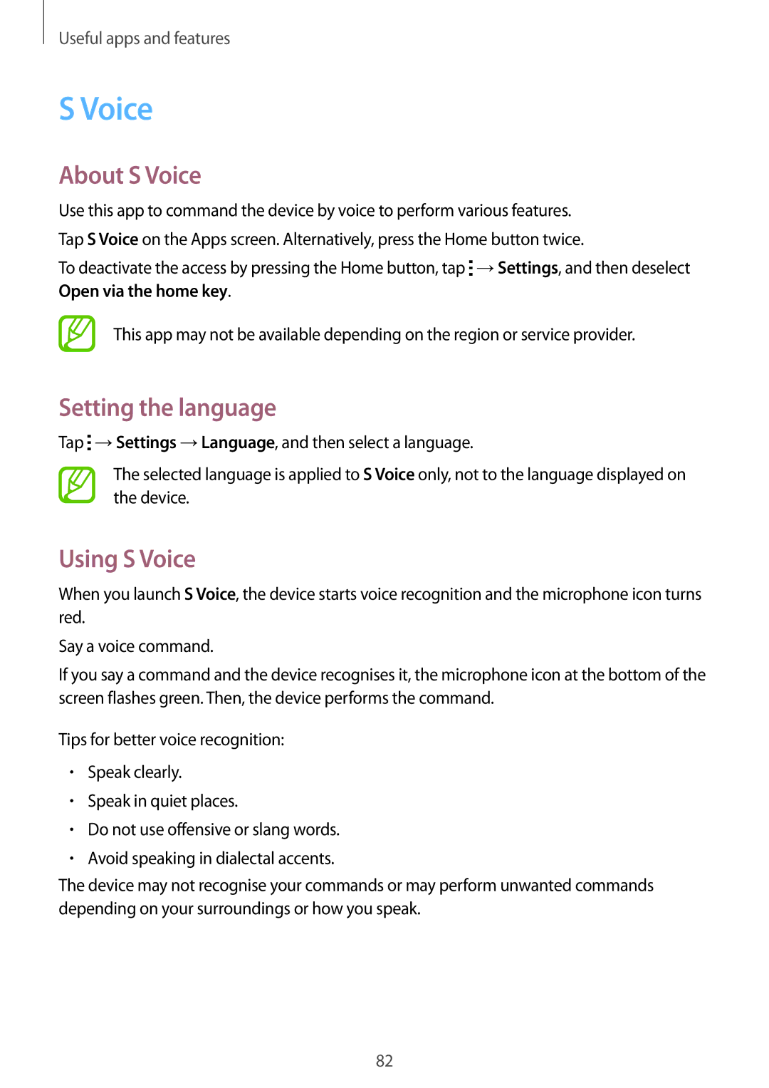 Samsung SM-A500FZDAILO, SM-A500FZBDXSG, SM-A500FZIDXSG manual About S Voice, Setting the language, Using S Voice 