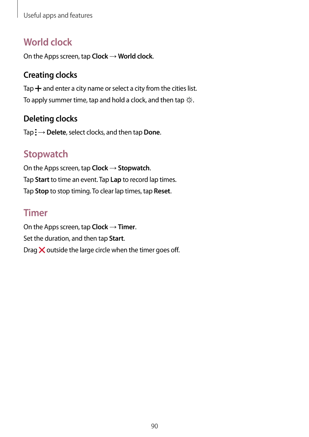 Samsung SM-A500FZKAILO, SM-A500FZBDXSG, SM-A500FZIDXSG manual World clock, Stopwatch, Timer, Creating clocks, Deleting clocks 