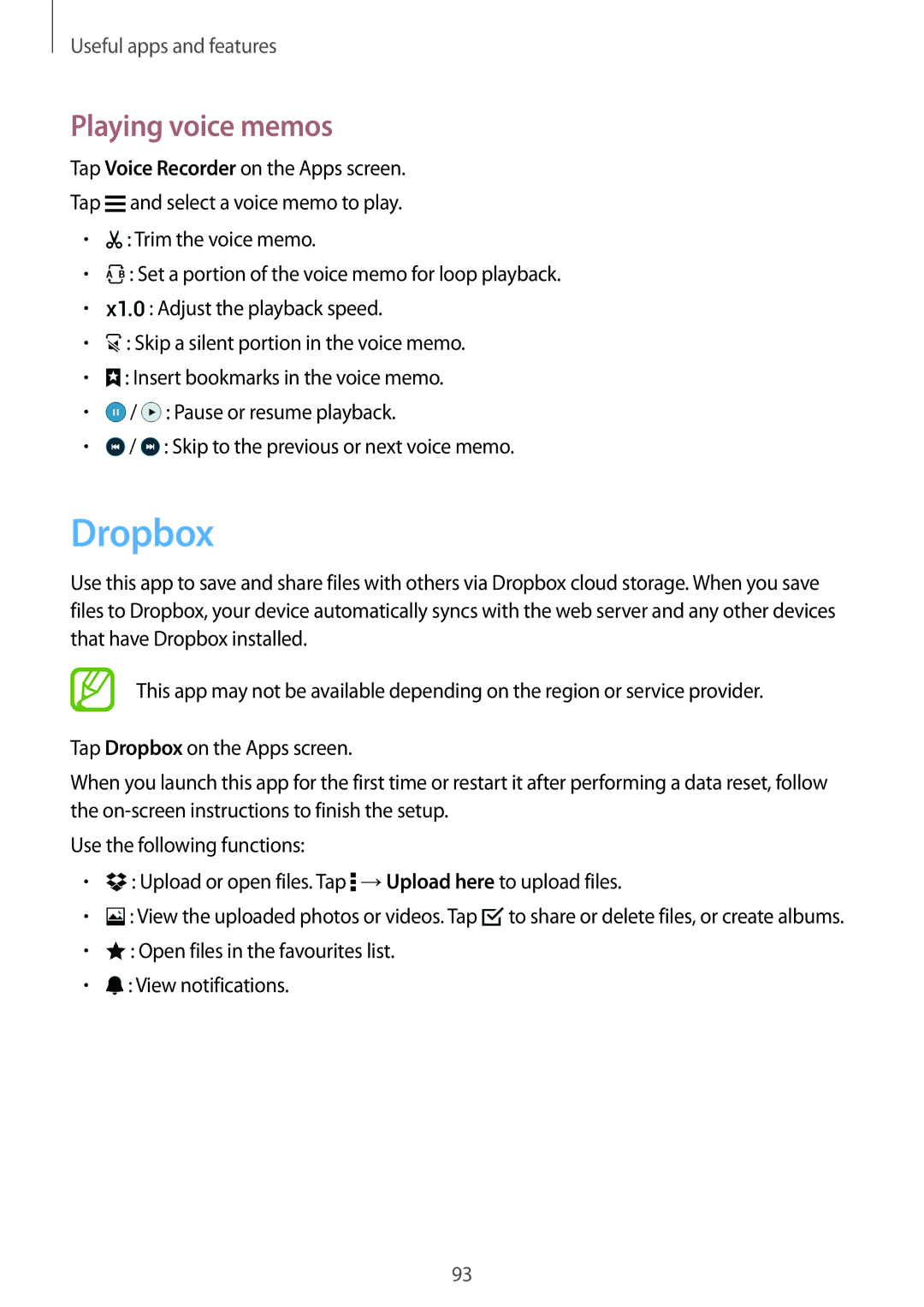 Samsung SM-A500FZBDXSG, SM-A500FZIDXSG, SM-A500FZWDAFG, SM-A500FZWDKSA, SM-A500FZWDXSG manual Dropbox, Playing voice memos 