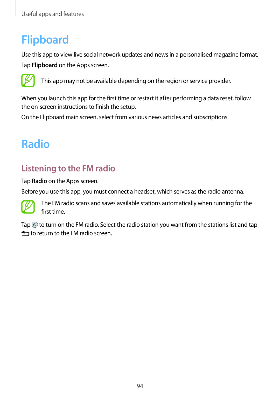 Samsung SM-A500FZIDXSG, SM-A500FZBDXSG, SM-A500FZWDAFG, SM-A500FZWDKSA manual Flipboard, Radio, Listening to the FM radio 