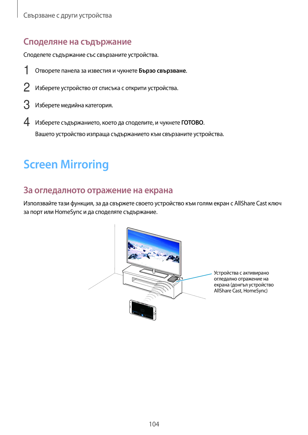 Samsung SM-A500FZDUBGL manual Screen Mirroring, Споделяне на съдържание, За огледалното отражение на екрана 