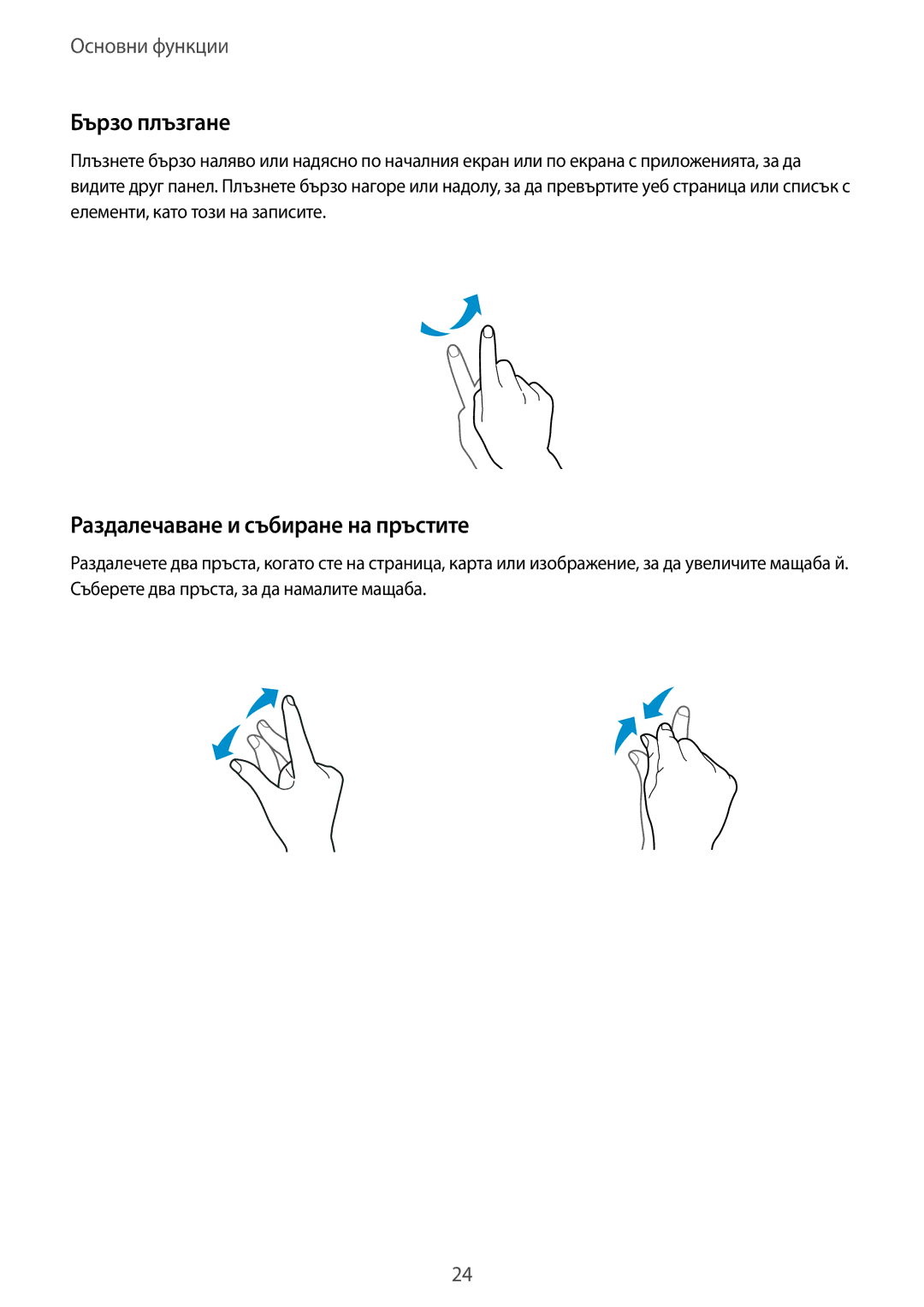 Samsung SM-A500FZDUBGL manual Бързо плъзгане, Раздалечаване и събиране на пръстите 