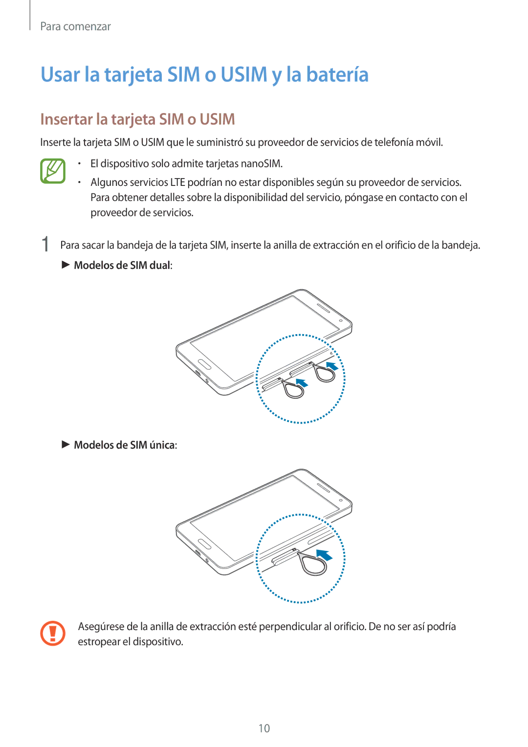 Samsung SM-A500FZSUPHE, SM-A500FZDUPHE manual Usar la tarjeta SIM o Usim y la batería, Insertar la tarjeta SIM o Usim 