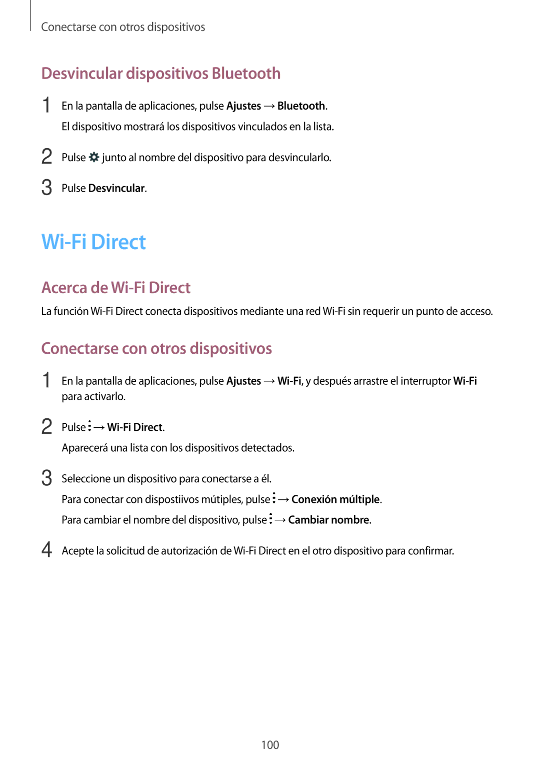 Samsung SM-A500FZSUPHE Desvincular dispositivos Bluetooth, Acerca de Wi-Fi Direct, Conectarse con otros dispositivos 