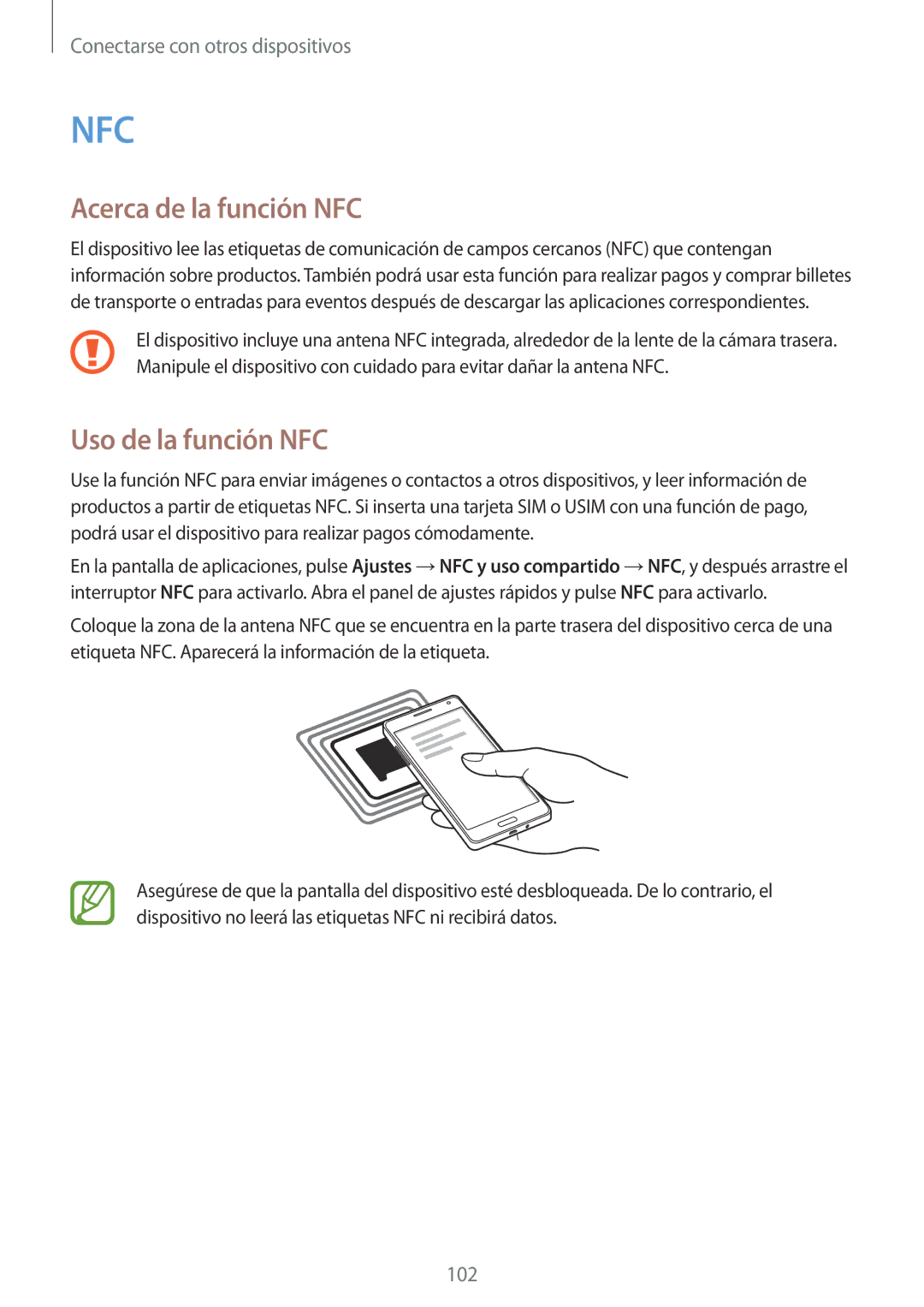 Samsung SM-A500FZDUPHE, SM-A500FZSUPHE, SM-A500FZKUPHE manual Acerca de la función NFC, Uso de la función NFC 
