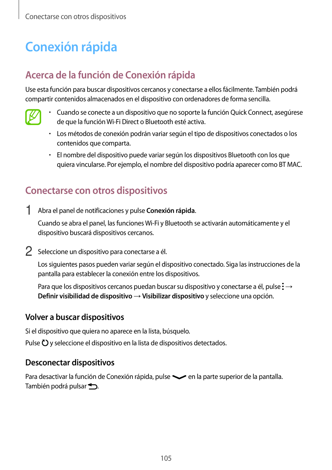 Samsung SM-A500FZDUPHE Acerca de la función de Conexión rápida, Volver a buscar dispositivos, Desconectar dispositivos 