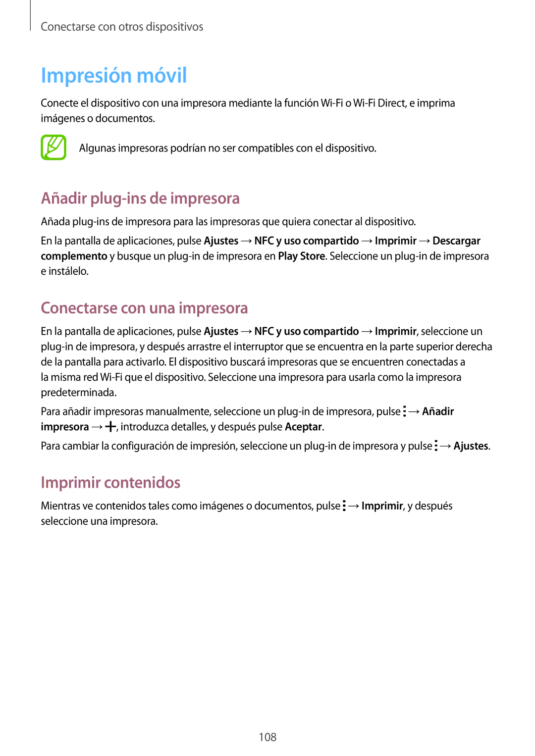 Samsung SM-A500FZDUPHE Impresión móvil, Añadir plug-ins de impresora, Conectarse con una impresora, Imprimir contenidos 