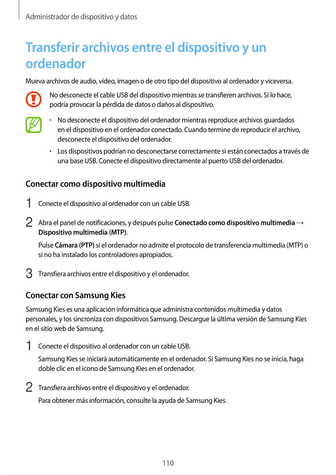 Samsung SM-A500FZKUPHE manual Transferir archivos entre el dispositivo y un ordenador, Conectar como dispositivo multimedia 