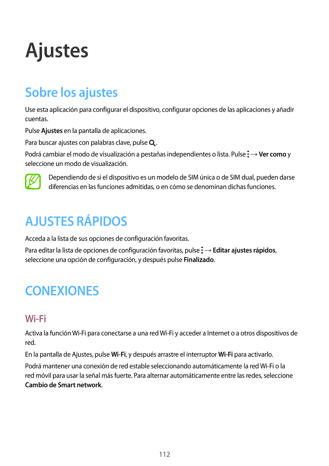 Samsung SM-A500FZSUPHE, SM-A500FZDUPHE, SM-A500FZKUPHE manual Ajustes, Sobre los ajustes, Wi-Fi 