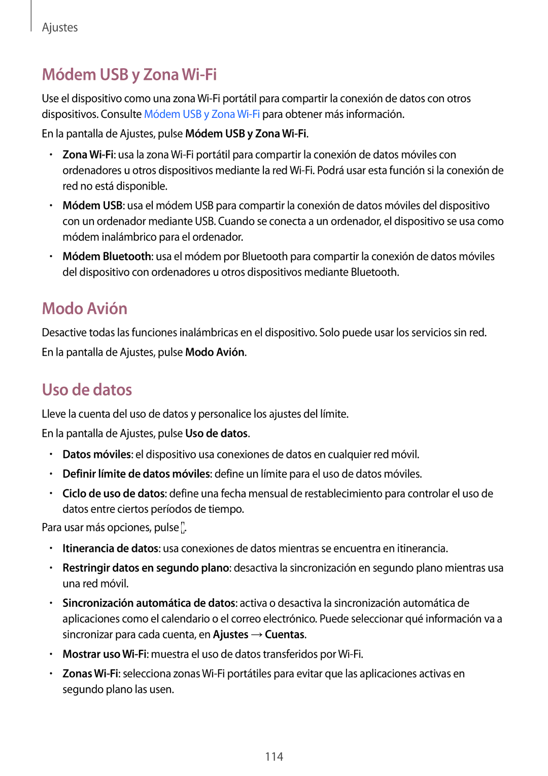 Samsung SM-A500FZDUPHE, SM-A500FZSUPHE, SM-A500FZKUPHE manual Módem USB y Zona Wi-Fi, Modo Avión, Uso de datos 