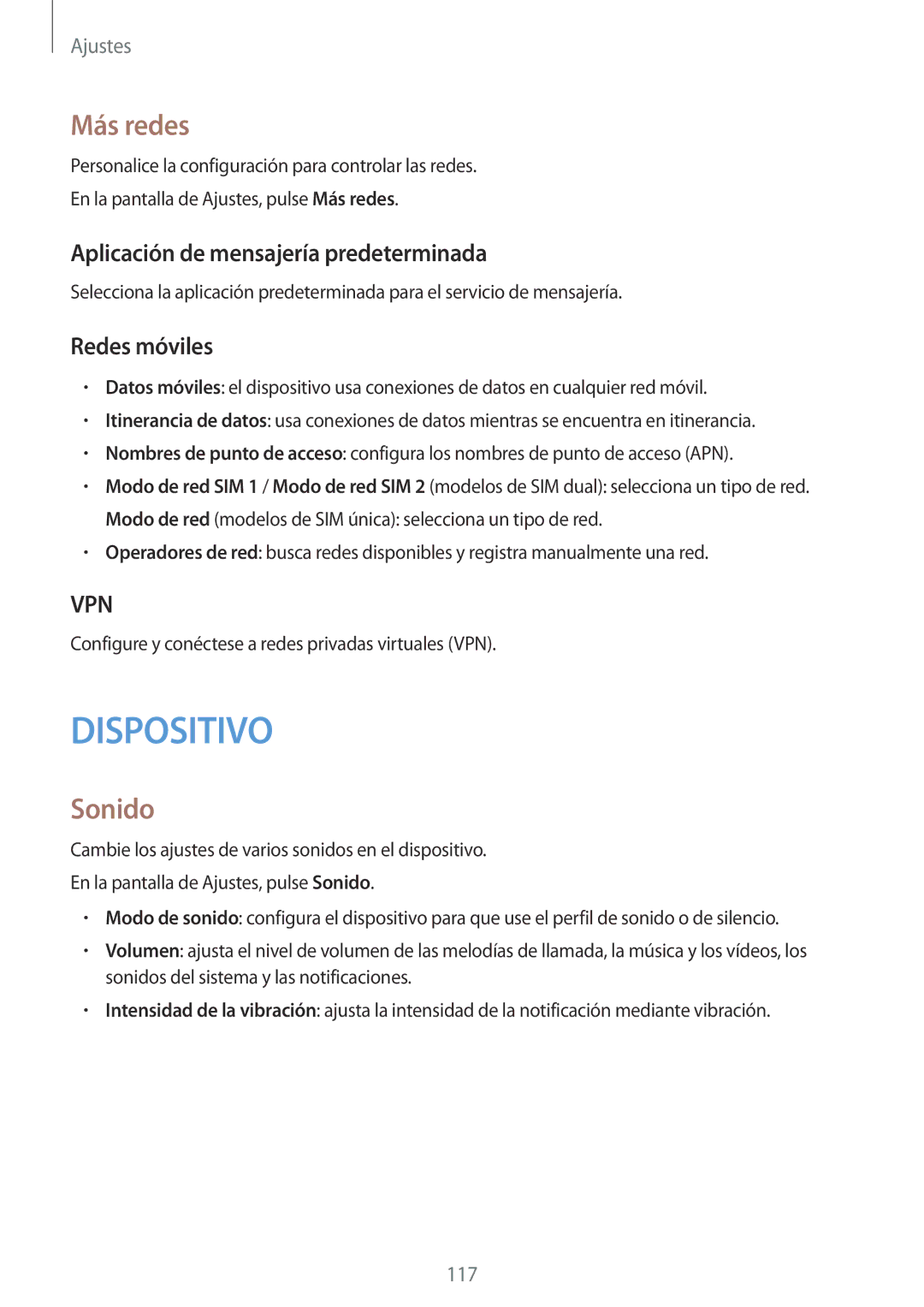 Samsung SM-A500FZDUPHE, SM-A500FZSUPHE manual Más redes, Sonido, Aplicación de mensajería predeterminada, Redes móviles 