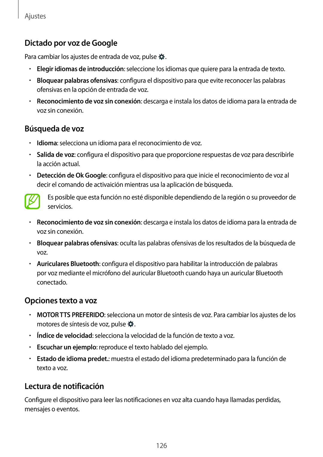 Samsung SM-A500FZDUPHE manual Dictado por voz de Google, Búsqueda de voz, Opciones texto a voz, Lectura de notificación 