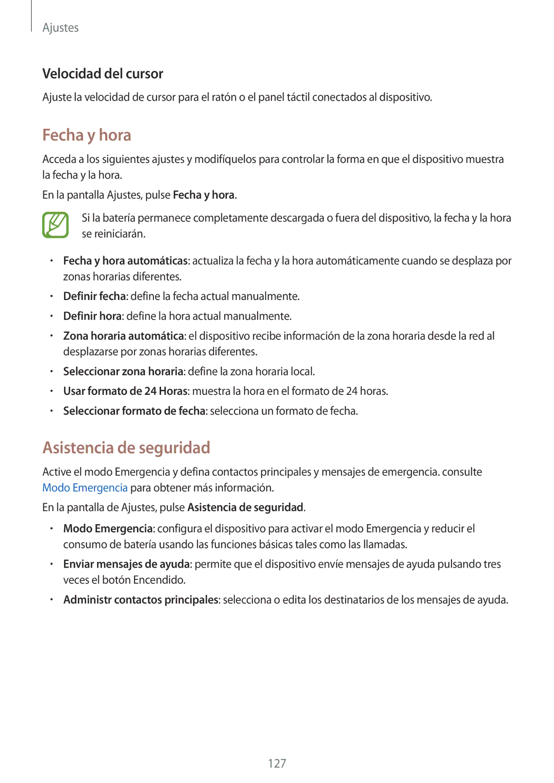 Samsung SM-A500FZSUPHE, SM-A500FZDUPHE, SM-A500FZKUPHE manual Fecha y hora, Asistencia de seguridad, Velocidad del cursor 