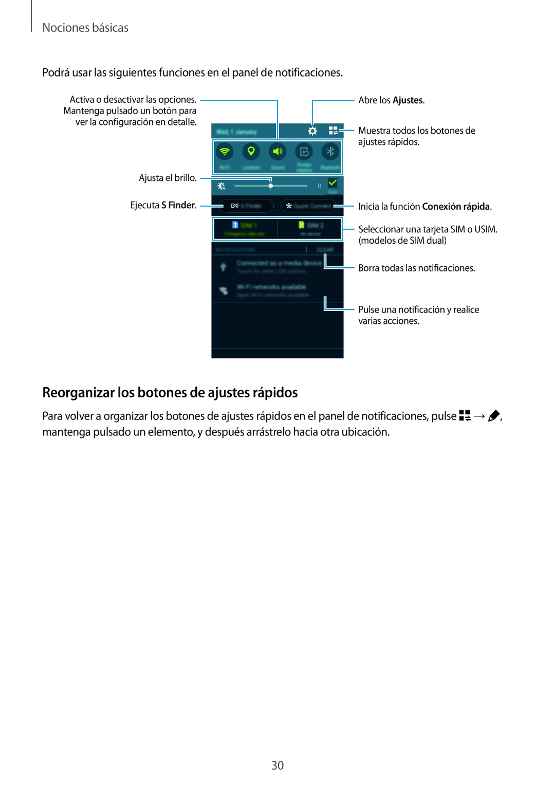 Samsung SM-A500FZDUPHE, SM-A500FZSUPHE, SM-A500FZKUPHE manual Reorganizar los botones de ajustes rápidos 