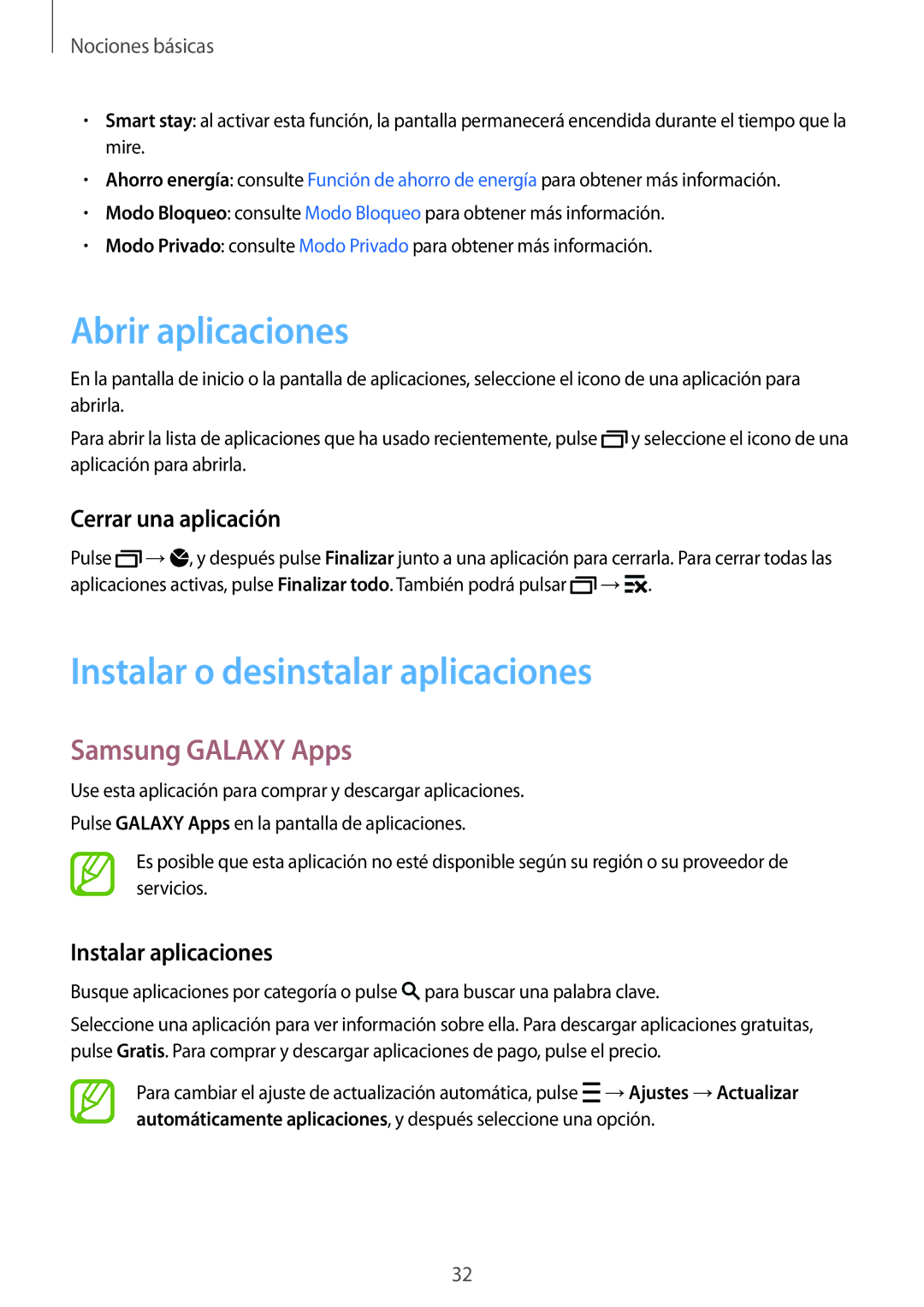 Samsung SM-A500FZKUPHE Abrir aplicaciones, Instalar o desinstalar aplicaciones, Samsung Galaxy Apps, Cerrar una aplicación 