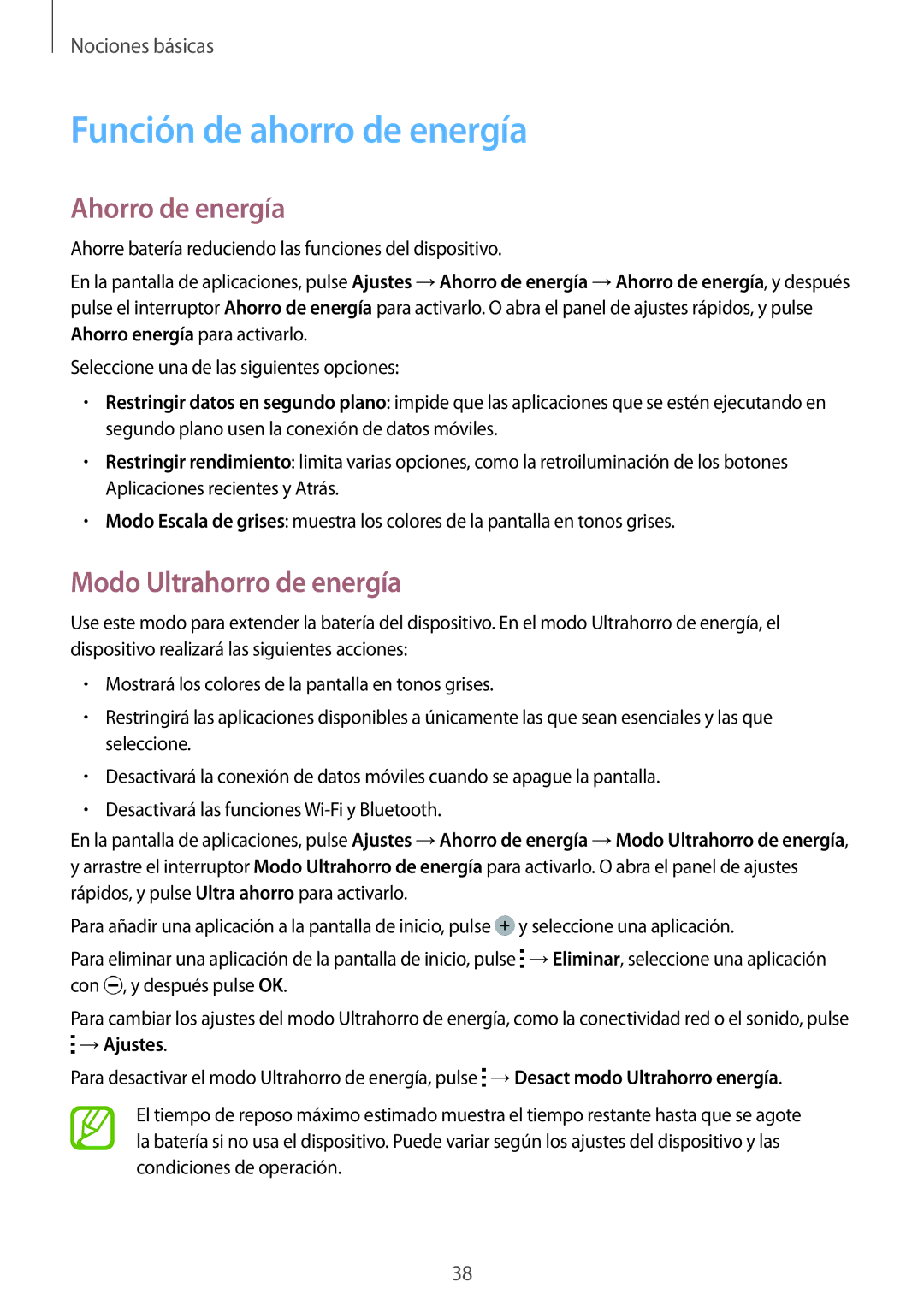 Samsung SM-A500FZKUPHE manual Función de ahorro de energía, Ahorro de energía, Modo Ultrahorro de energía, →Ajustes 