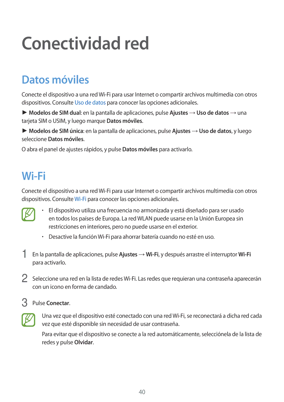 Samsung SM-A500FZSUPHE, SM-A500FZDUPHE, SM-A500FZKUPHE manual Conectividad red, Datos móviles, Wi-Fi, Pulse Conectar 