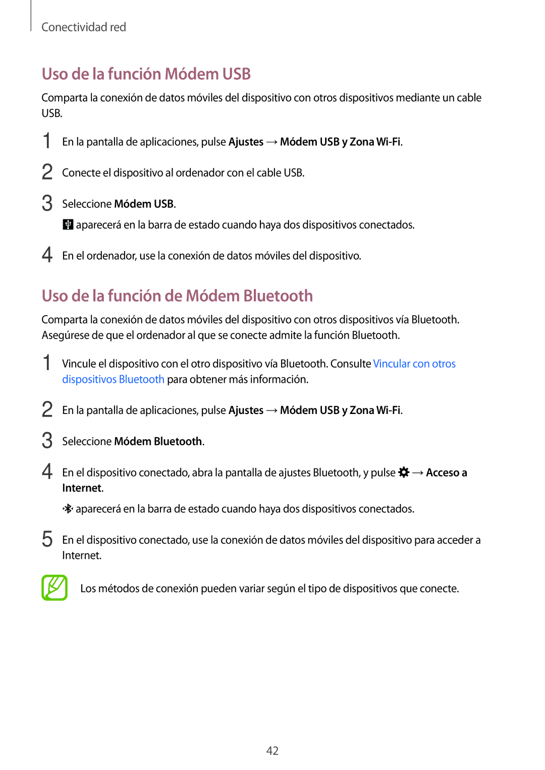 Samsung SM-A500FZDUPHE manual Uso de la función Módem USB, Uso de la función de Módem Bluetooth, Seleccione Módem Bluetooth 