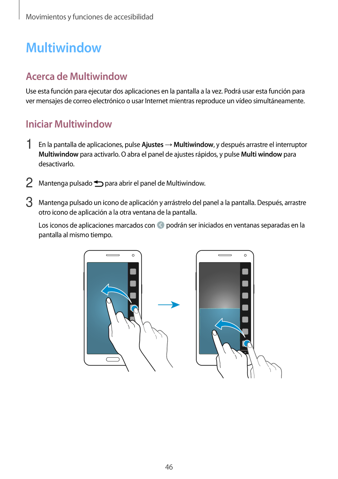 Samsung SM-A500FZSUPHE, SM-A500FZDUPHE, SM-A500FZKUPHE manual Acerca de Multiwindow, Iniciar Multiwindow 