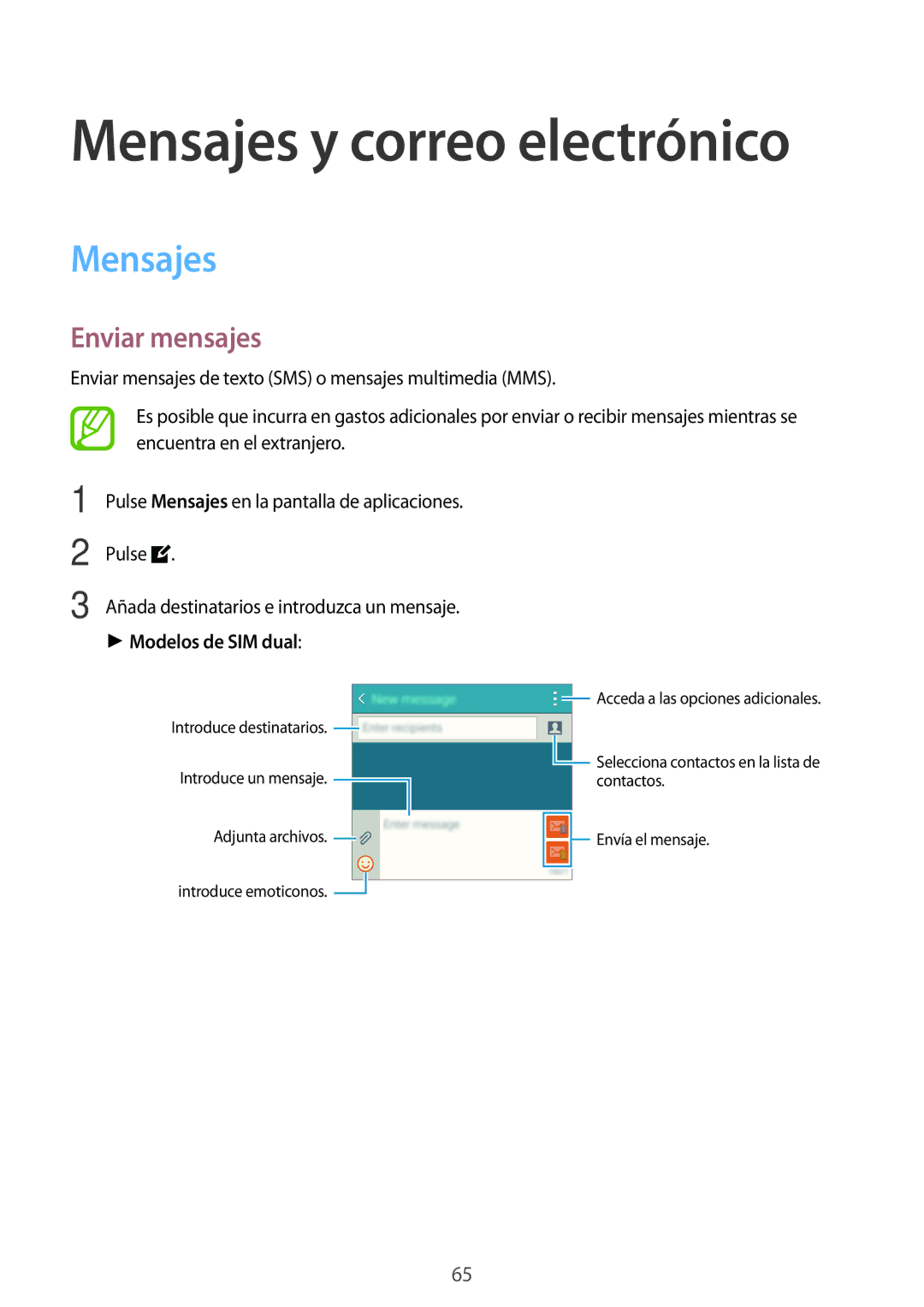 Samsung SM-A500FZKUPHE, SM-A500FZDUPHE, SM-A500FZSUPHE manual Mensajes, Enviar mensajes, Modelos de SIM dual 