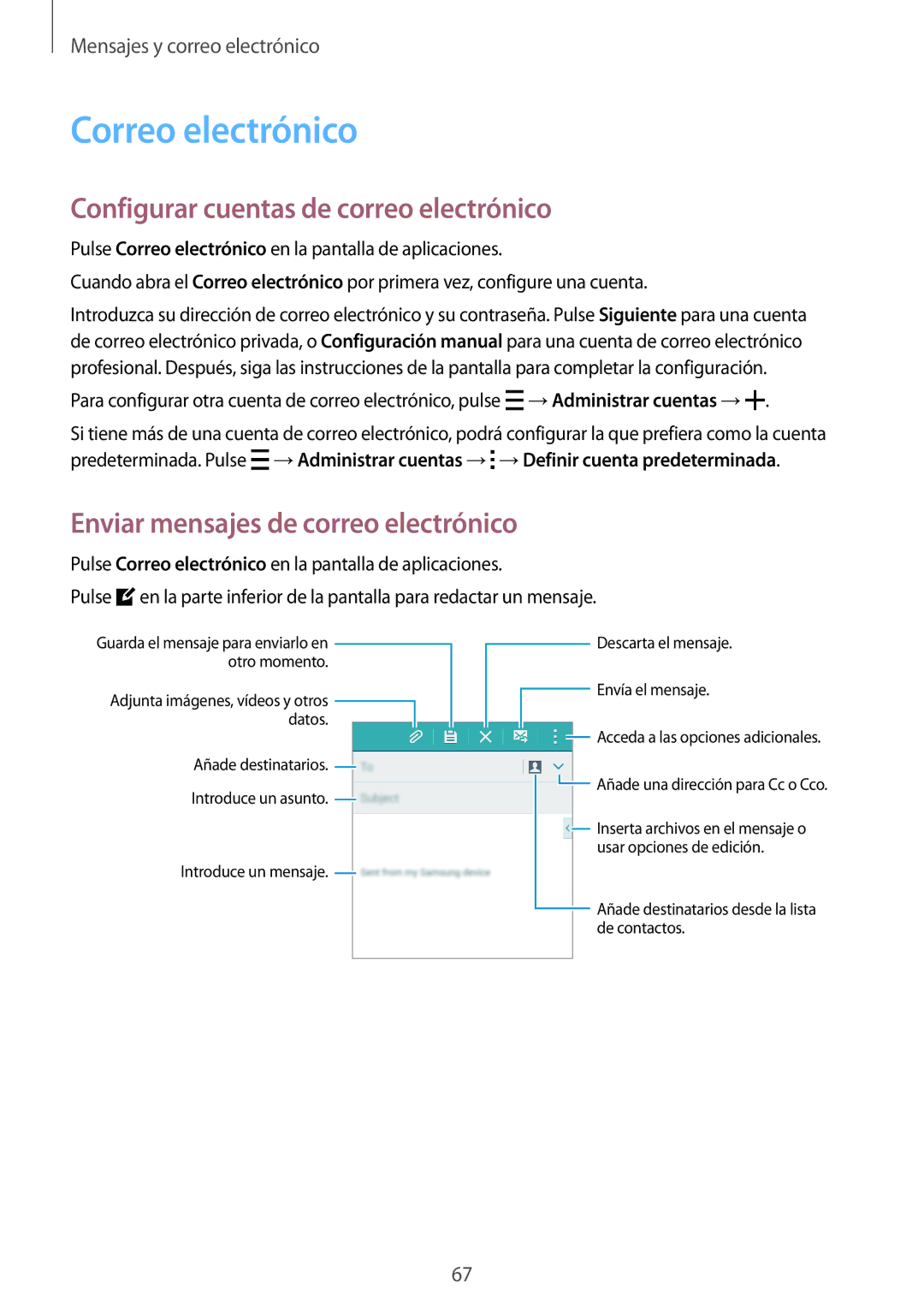 Samsung SM-A500FZSUPHE Correo electrónico, Configurar cuentas de correo electrónico, Enviar mensajes de correo electrónico 