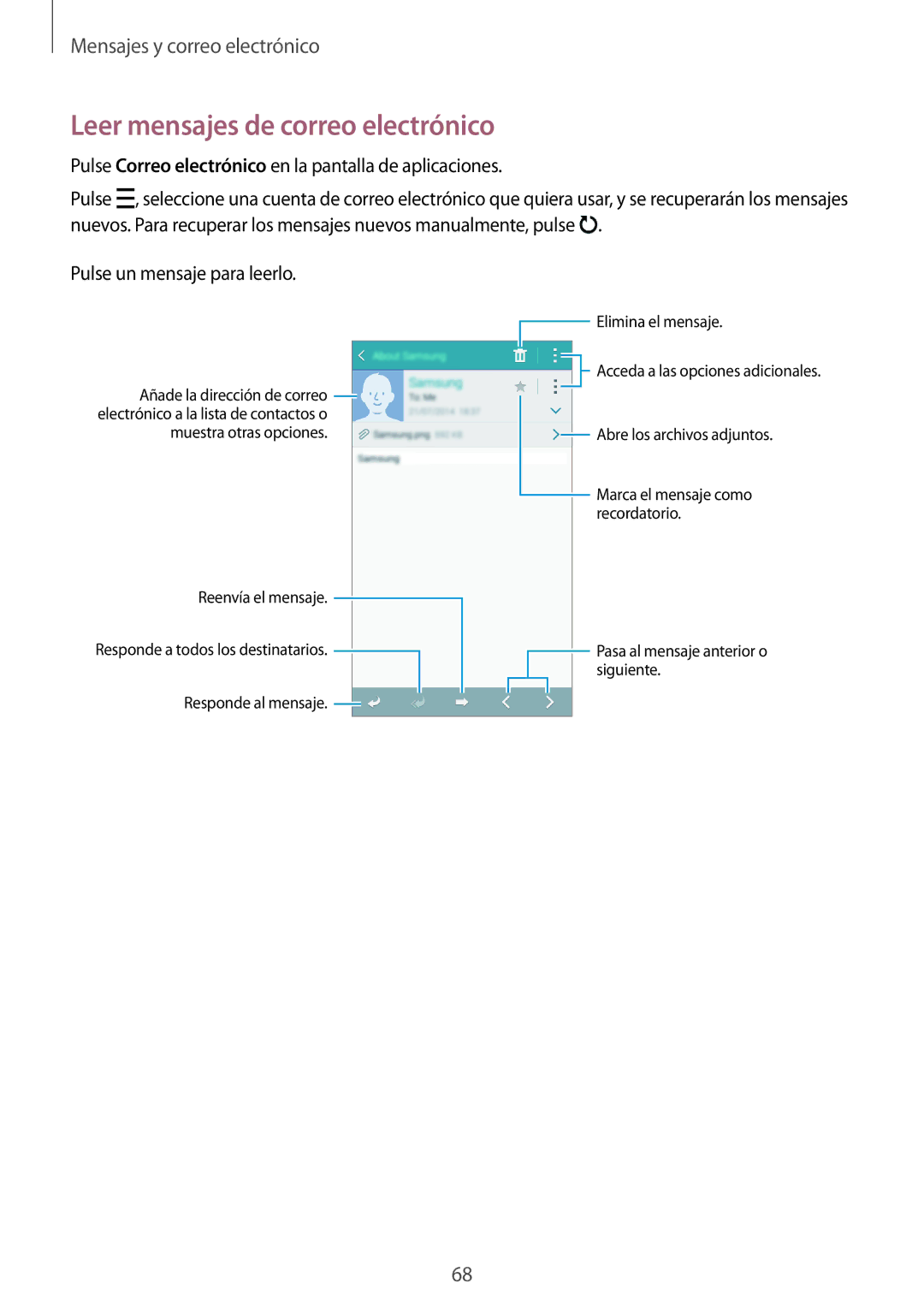 Samsung SM-A500FZKUPHE, SM-A500FZDUPHE, SM-A500FZSUPHE manual Leer mensajes de correo electrónico 
