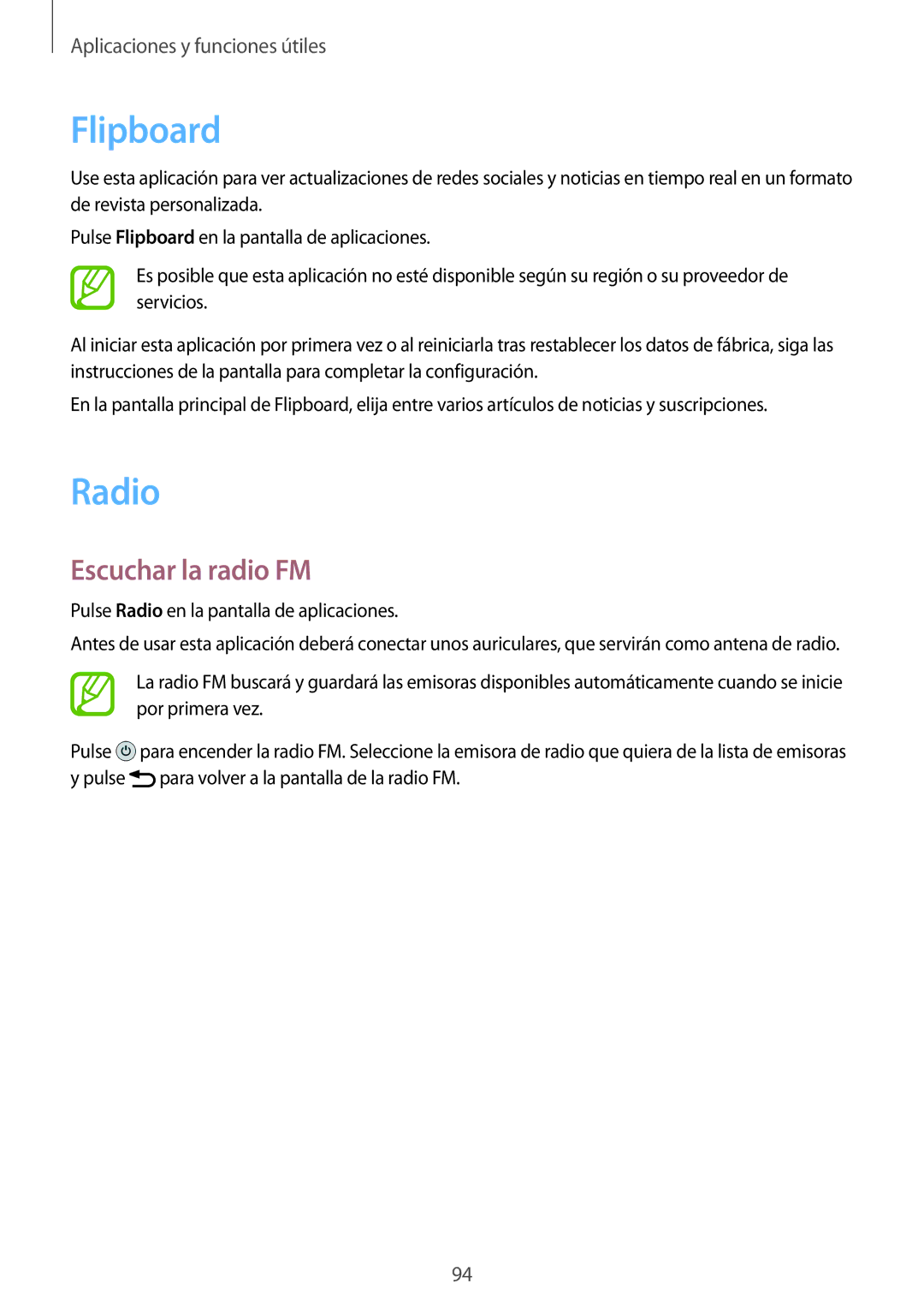 Samsung SM-A500FZSUPHE, SM-A500FZDUPHE, SM-A500FZKUPHE manual Flipboard, Radio, Escuchar la radio FM 