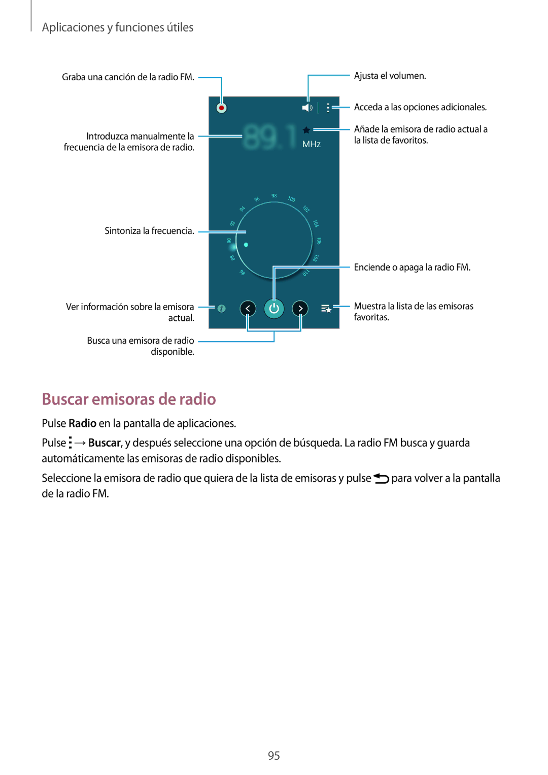 Samsung SM-A500FZKUPHE, SM-A500FZDUPHE, SM-A500FZSUPHE manual Buscar emisoras de radio, Sintoniza la frecuencia 