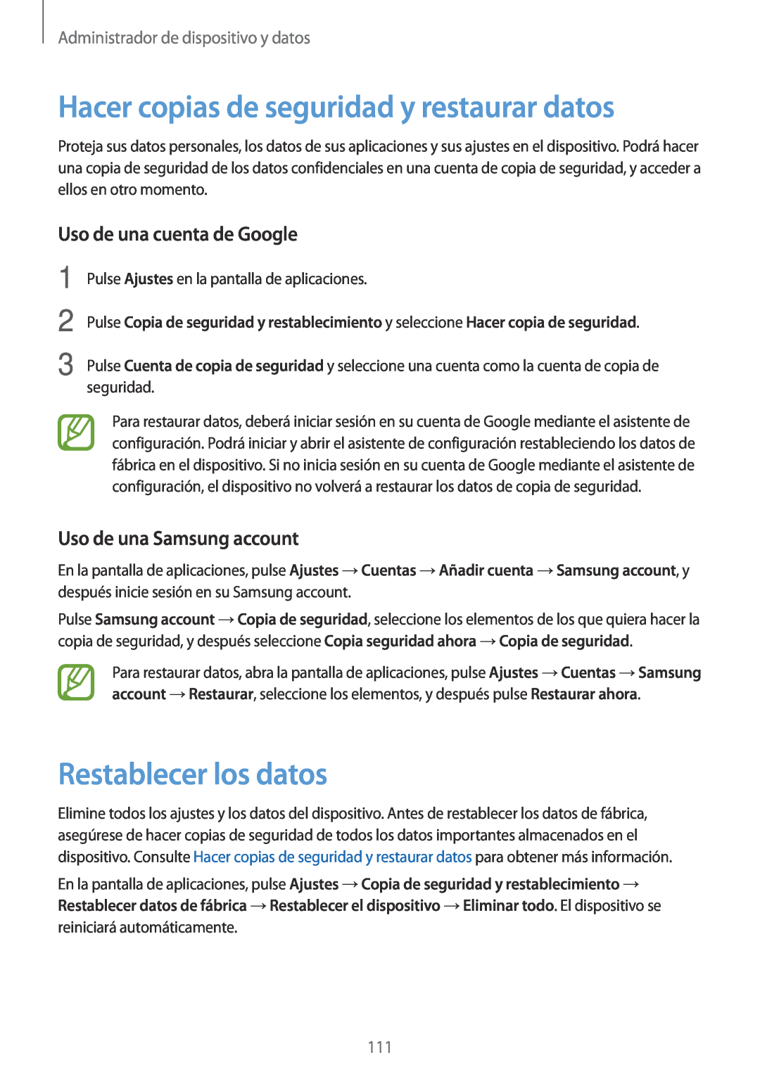 Samsung SM-A500FZDUPHE Hacer copias de seguridad y restaurar datos, Restablecer los datos, Uso de una cuenta de Google 