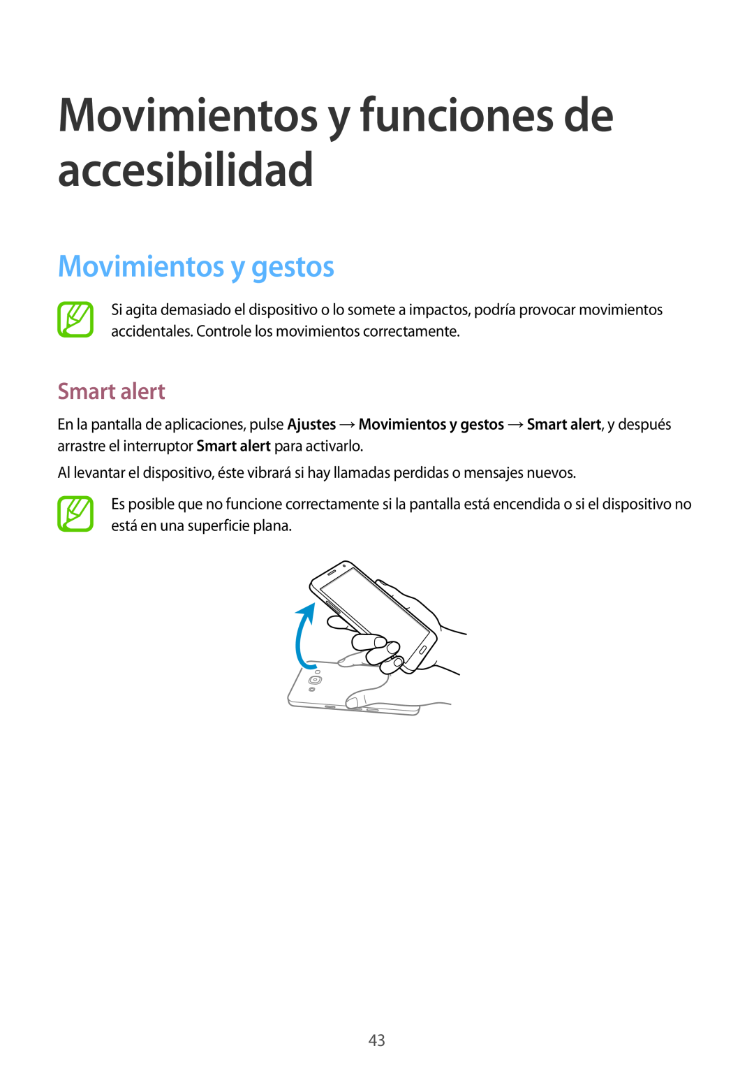 Samsung SM-A500FZSUPHE, SM-A500FZDUPHE manual Movimientos y funciones de accesibilidad, Movimientos y gestos, Smart alert 