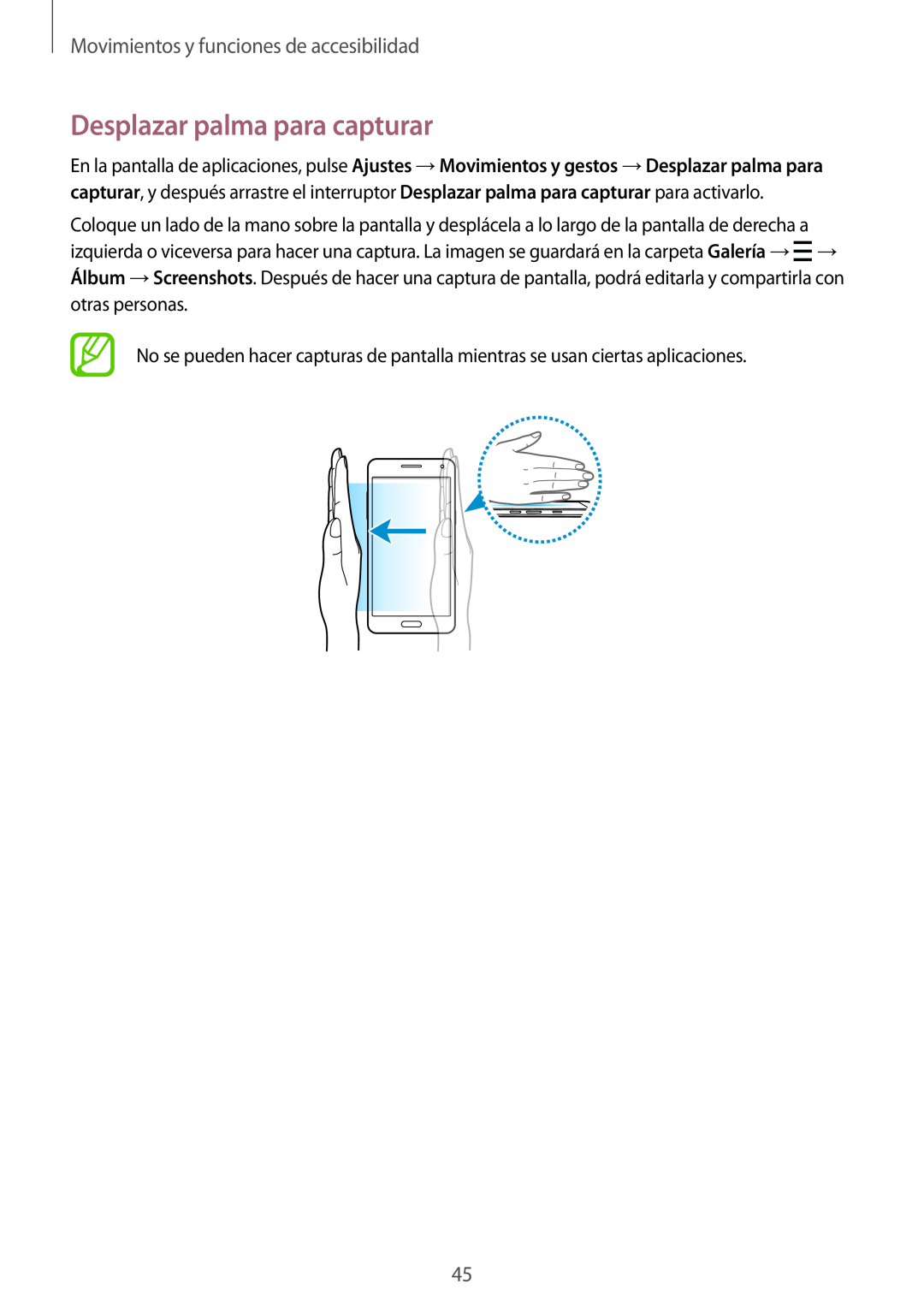 Samsung SM-A500FZDUPHE, SM-A500FZSUPHE manual Desplazar palma para capturar, Movimientos y funciones de accesibilidad 