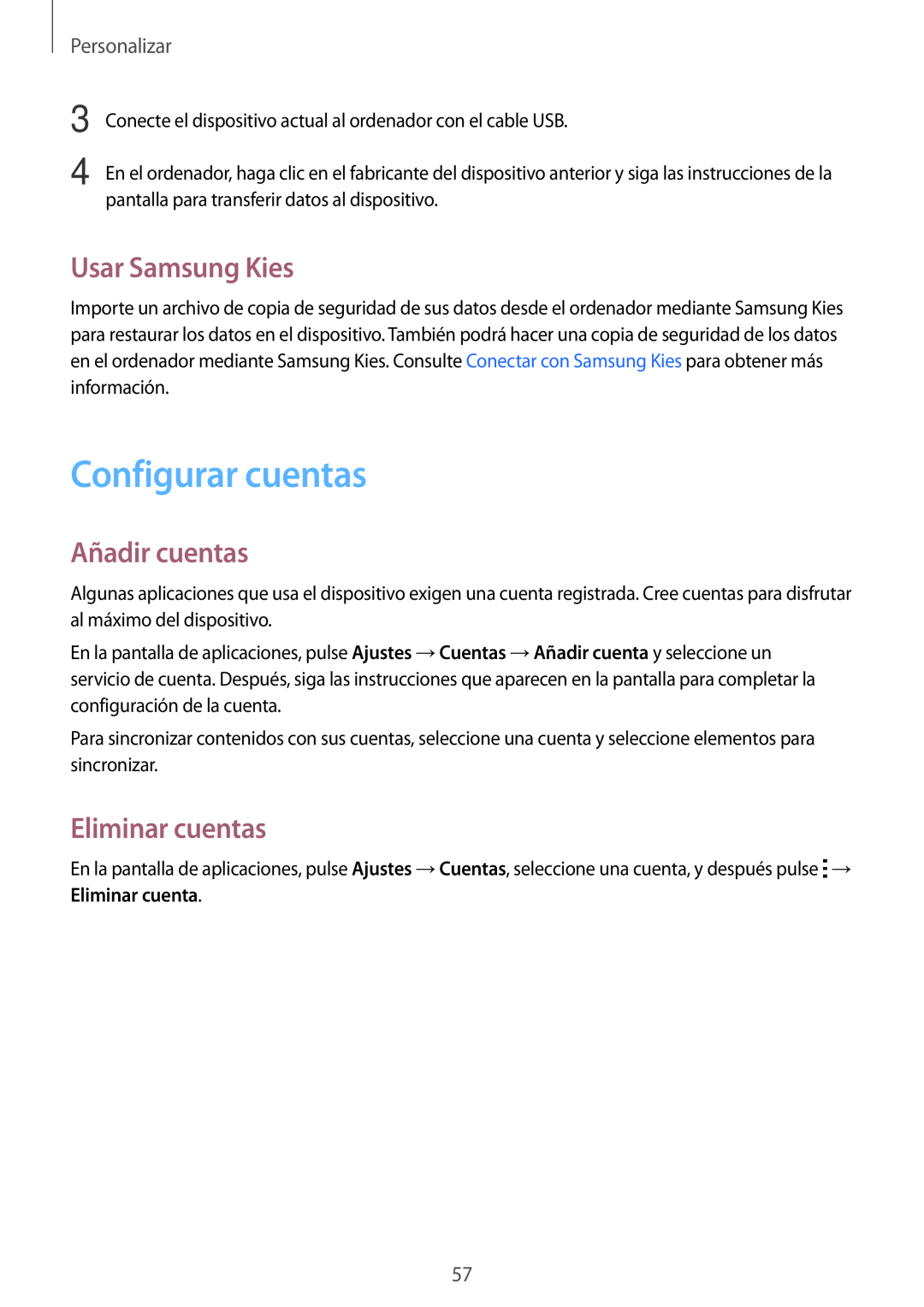 Samsung SM-A500FZDUPHE manual Configurar cuentas, Usar Samsung Kies, Añadir cuentas, Eliminar cuentas, Personalizar 
