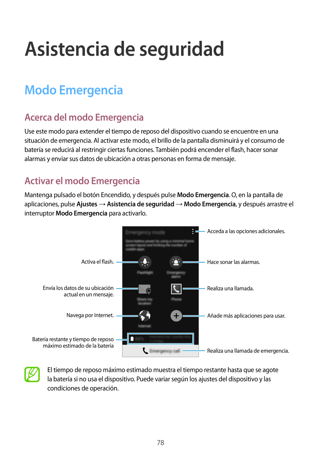 Samsung SM-A500FZDUPHE Asistencia de seguridad, Modo Emergencia, Acerca del modo Emergencia, Activar el modo Emergencia 